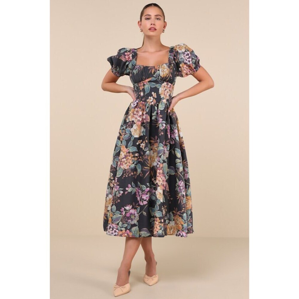 Lulus Adorable Tendencies Dark Grey Floral Puff Sleeve Midi Dress - Size XL